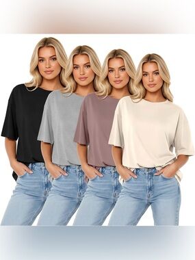 Women’s 4 Pack Oversized Tshirts, Loose Fit Round Neck Summer Baggy Tops 3X
